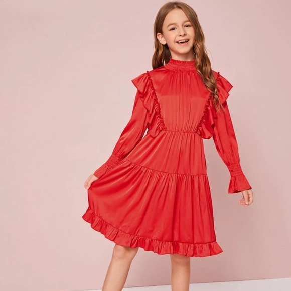 New! Girls Red Satin Shirred Neck Ruffle Tiered Flare Dress - Picture 1 of 4